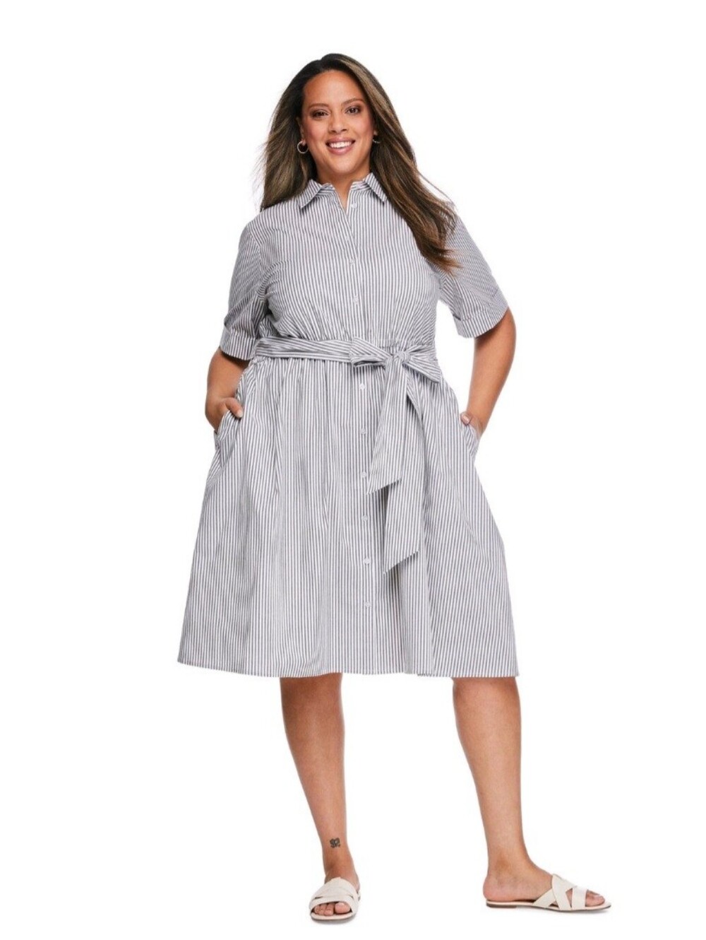 Lane Bryant White and Navy Striped Midi Shirt Dress